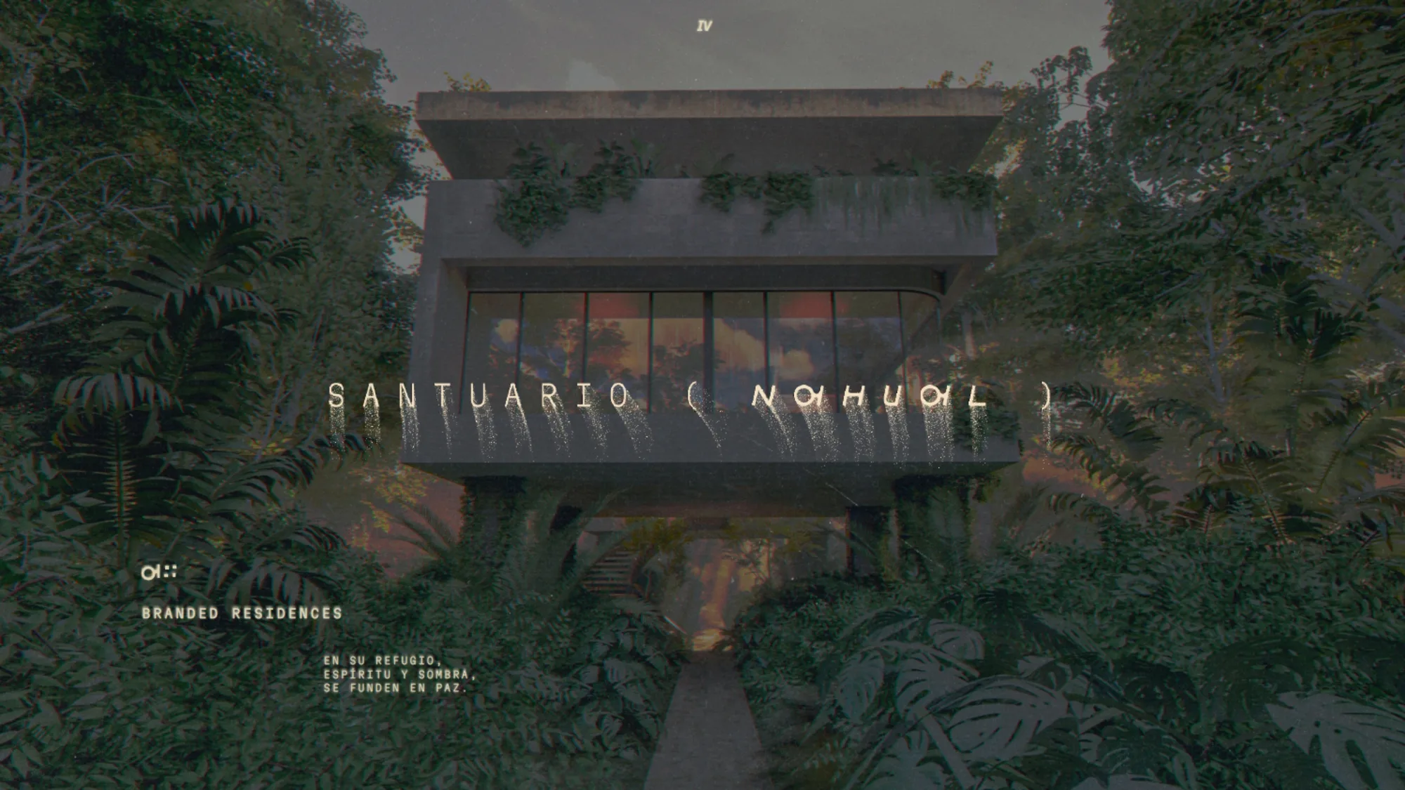 Render del edificio de Santuario Nahual entre la selva, con el logotipo y la leyenda Branded Residences