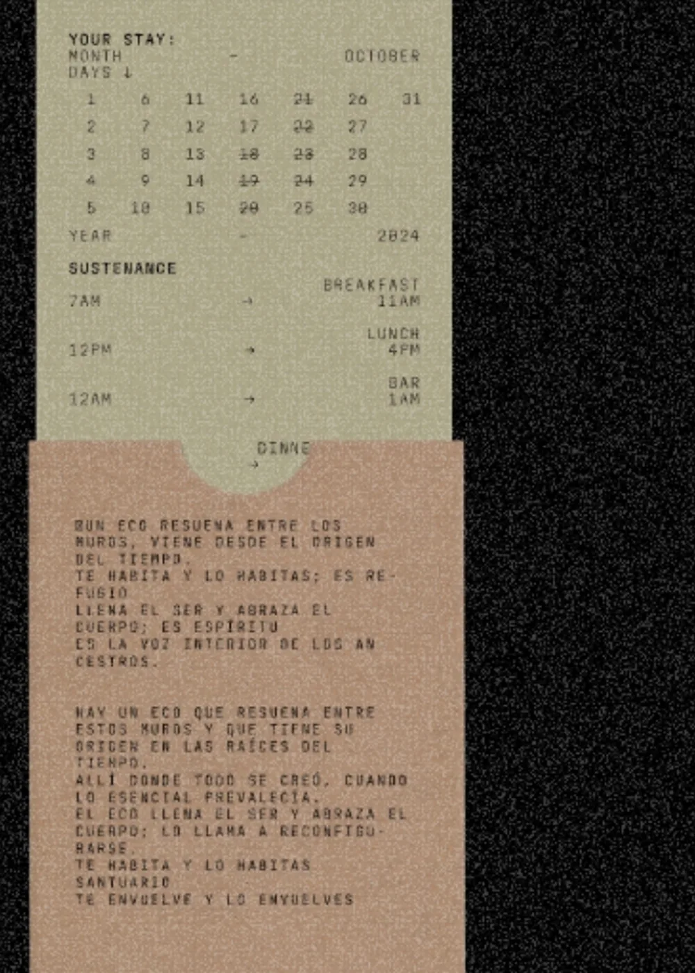Itinerario impreso en verde y salmón sobre negro