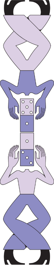 Ilustración vertical: figuras, dados y cartas apilados