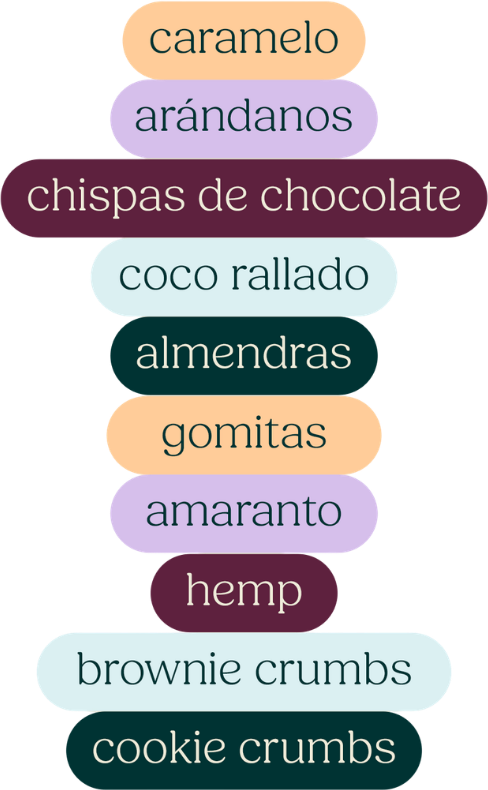 Lista de sabores y toppings en cápsulas de color